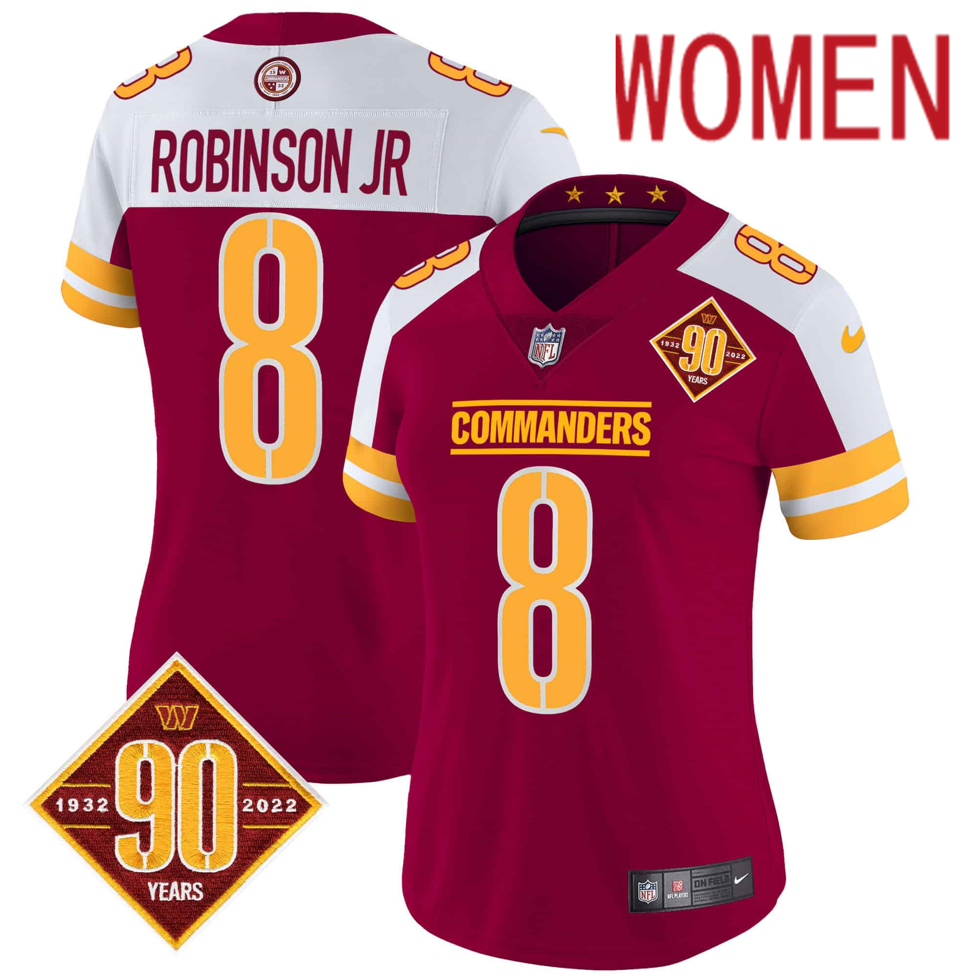 Women Washington Commanders 8 Robinson jr Red 90th Anniversary Patch 2024 Nike Vapor Limited NFL Jersey